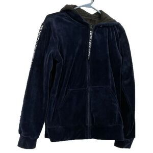 Navy Blue velvet full zip front LOVE” down sleeves and zipper pull